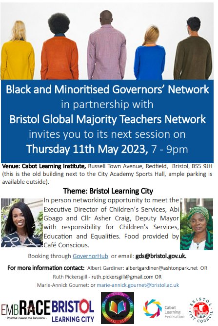 Please retweet and share with any Black and minoritised governors/teachers. Opportunity to meet the Exec Director of Children's Services, Abi Gbago and Cabinet Lead, Asher Craig,  to talk about education of our young people. 7- 9pm Thurs at Cabot Institute. Free Caribbean meal.