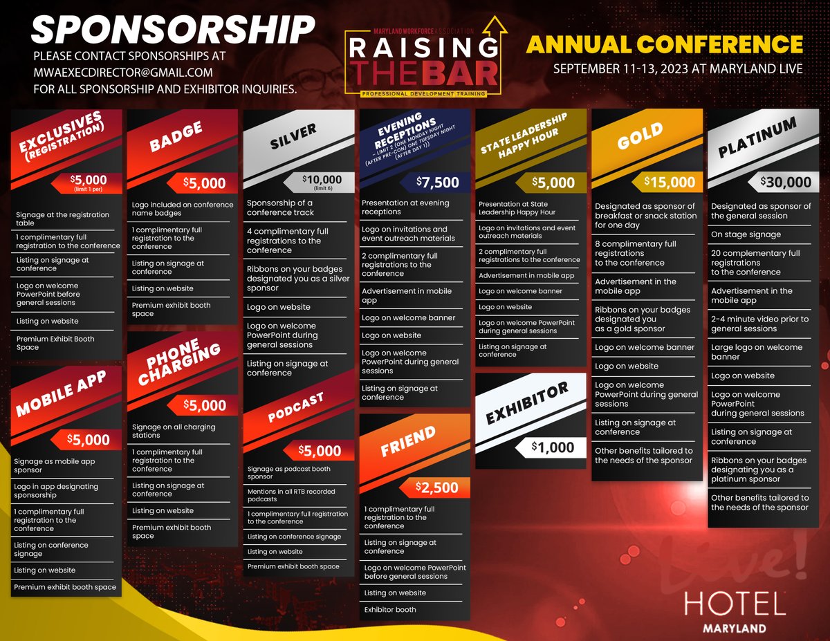 Is your organization interested in being a sponsor or exhibitor at the 2023 Raising the Bar Conference? Expose your brand to over 1,000 workforce development staff and leaders from the State of Maryland and neighboring states. 
 
Learn more at mwaexecdirector@gmail.com.