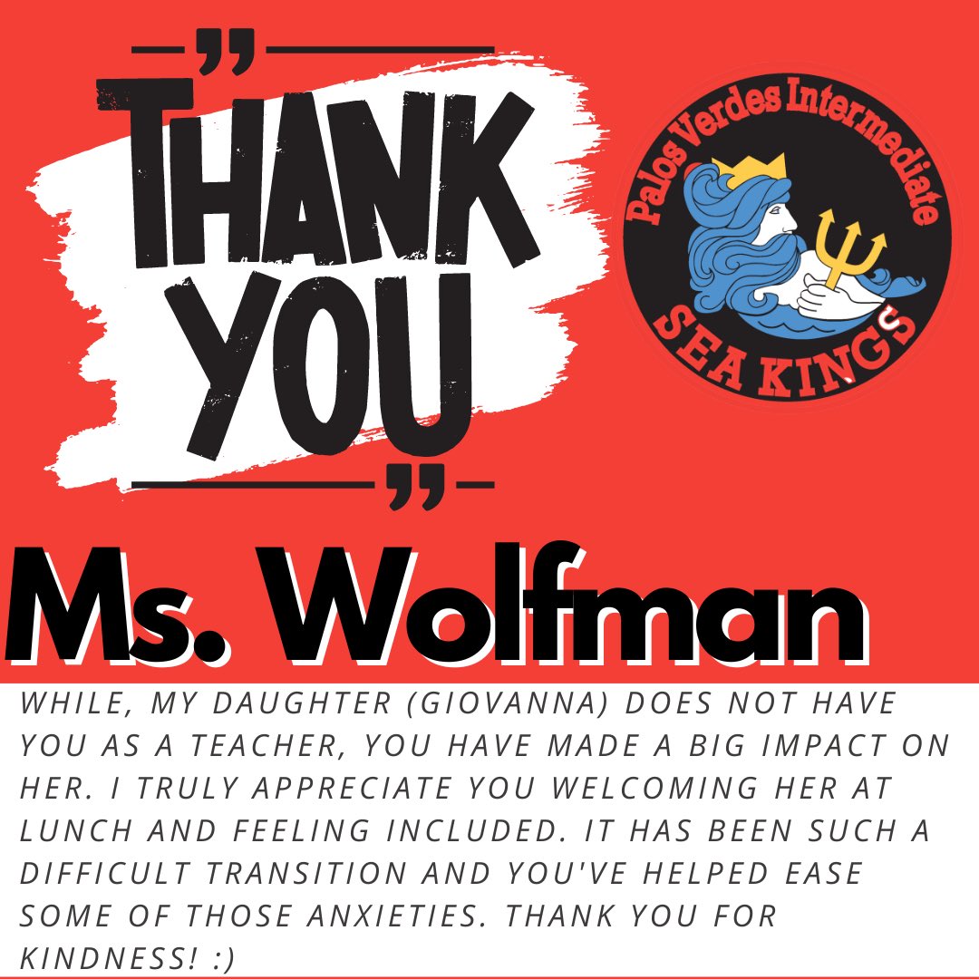 Thank you Ms. Wolfman for making our Sea Kings feels safe! Have you posted a shout out to your teacher yet? Link below: 

forms.office.com/pages/response…