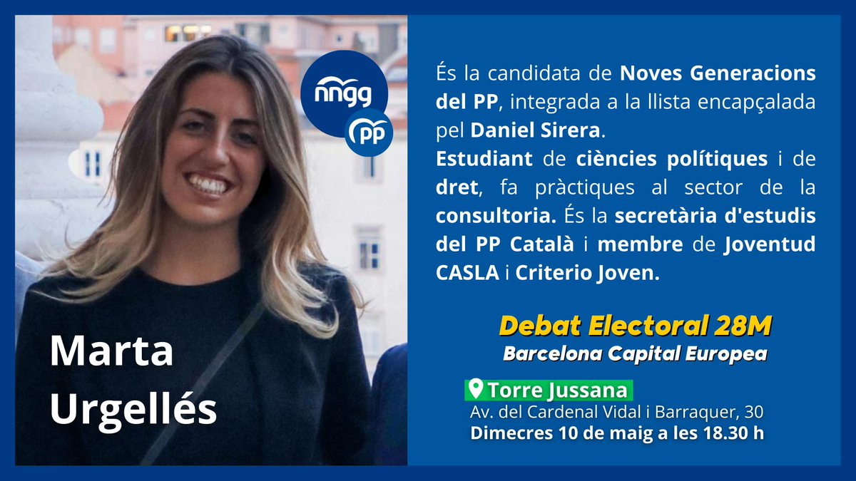 👉 Coneix a la @martaurgellesg, candidata de @nnggbarcelona, integrada a la llista de l'@danielsirera. (@PPBarcelona_)

Dimecres 10 a les 18.30 h a @tjussana no et perdis el primer debat juvenil pel #28M. 🗳

👇 Inscripció:
forms.gle/69cyzoAQcih6rA…

#FemEuropa 🇪🇺💚 @jefcatalunya