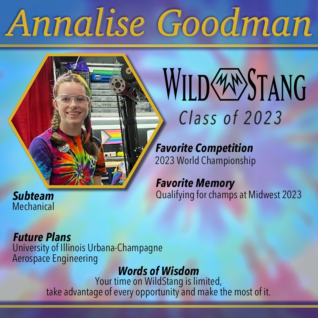 Annalise Goodman one of our fantastic Mechanical students, worked hard within her team and helped with a few of our many outreach events. Thank you for all of your hard work - we will miss you! #wsrp #wildstang #frc111 #omgrobots #morethanrobots #classof2023 @district214