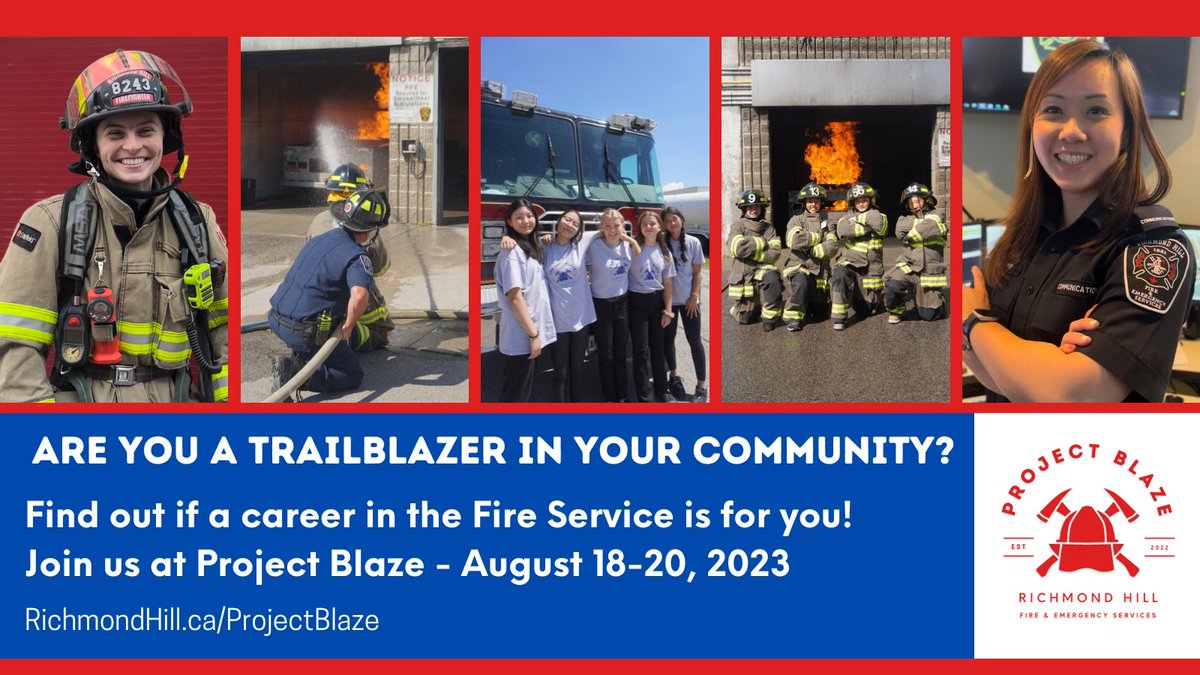 RHFES's tweet photo. #ProjectBlaze applications are due in 1 month! If you are a female-identifying high school student in #RichmondHill find out if a future in the fire service is for you. Learn about career paths, skills that you'll need and have some fun along the way! FMI: https://t.co/sW6bYFmgoL https://t.co/Qq1QbWuaaQ