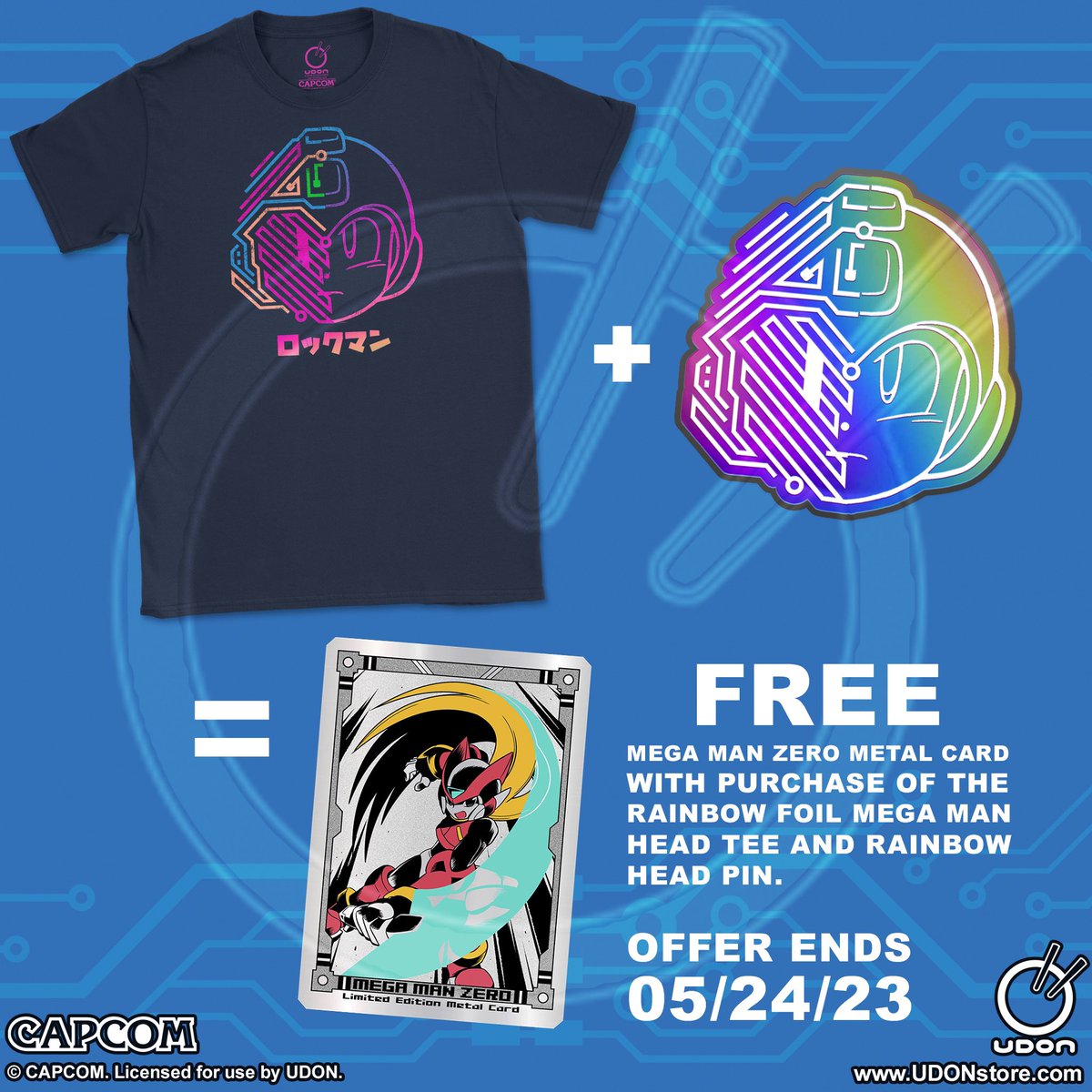 UdonStore News! @UdonEnt We've got a 2 week Mega May promotion starting tomorrow, Wednesday 5/10! We've got a couple of new pins going up, plus a new @ariga_megamix #MegaMan Zero Metal Card available when you purchase the new tee + the new head pin! store.udonentertainment.com/collections/me…