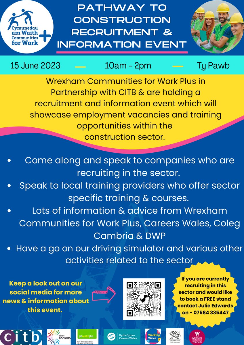 ***Pathway to Construction, Recruitment & Information Event***
Wrexham Communities for Work Plus in Partnership with @CITB_UK  & are holding a recruitment and information event which will showcase employment vacancies and training opportunities within the construction sector