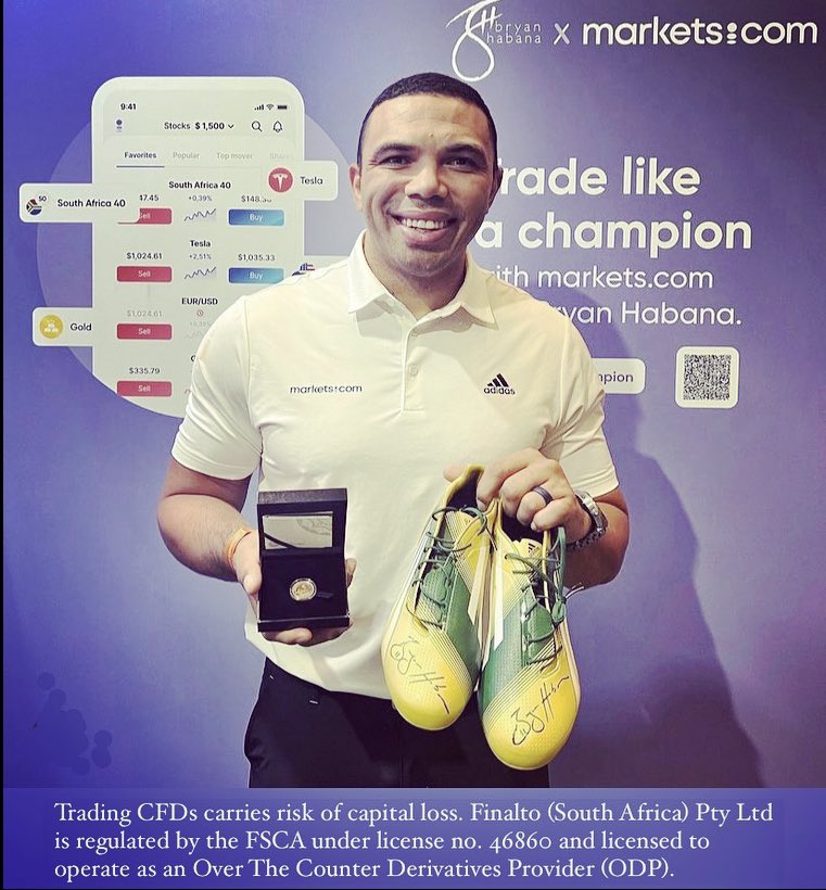 MarketscomSA's tweet photo. 🤑Tomorrow, booth 16, Sandton Convention Centre at @financemagnates Africa #FMAS23!

🪙 Win a #GOLD coin &amp;autographed by @BryanHabana boots 👟 created by @AdidasRugby_ for his 100th Test match!

Win $500 cash bonus!
Get 50% deposit bonus!

Trading CFD carries risk of capital loss https://t.co/7BDtmj4VHh