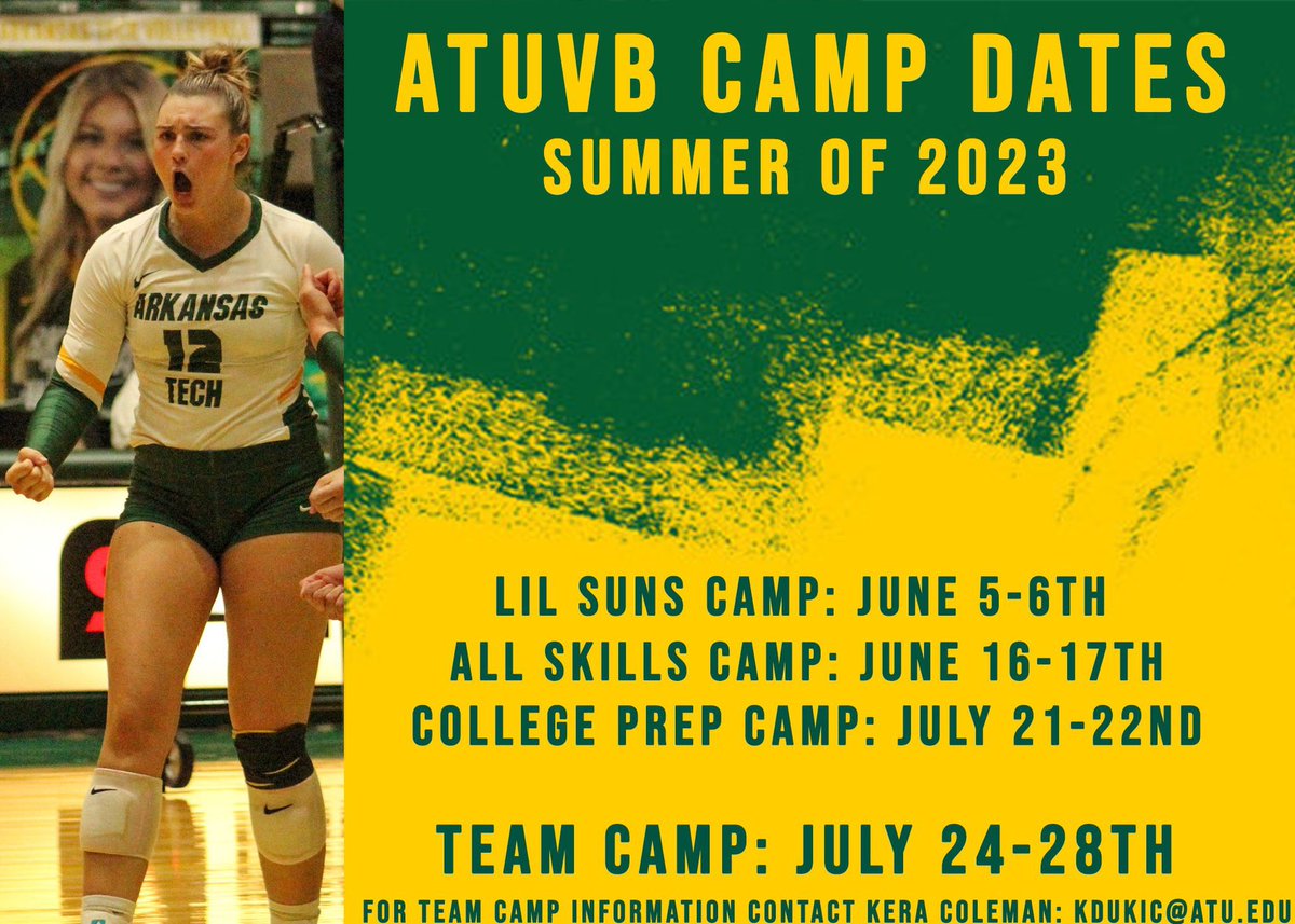 Have you registered yet!? If not, join us this summer! Don’t wait until it’s too late. We’ve got a camp for everyone - no matter the grade level or skill level.  Email kdukic@atu.edu with any questions ⭐️
arkansastechvolleyballcamps.com