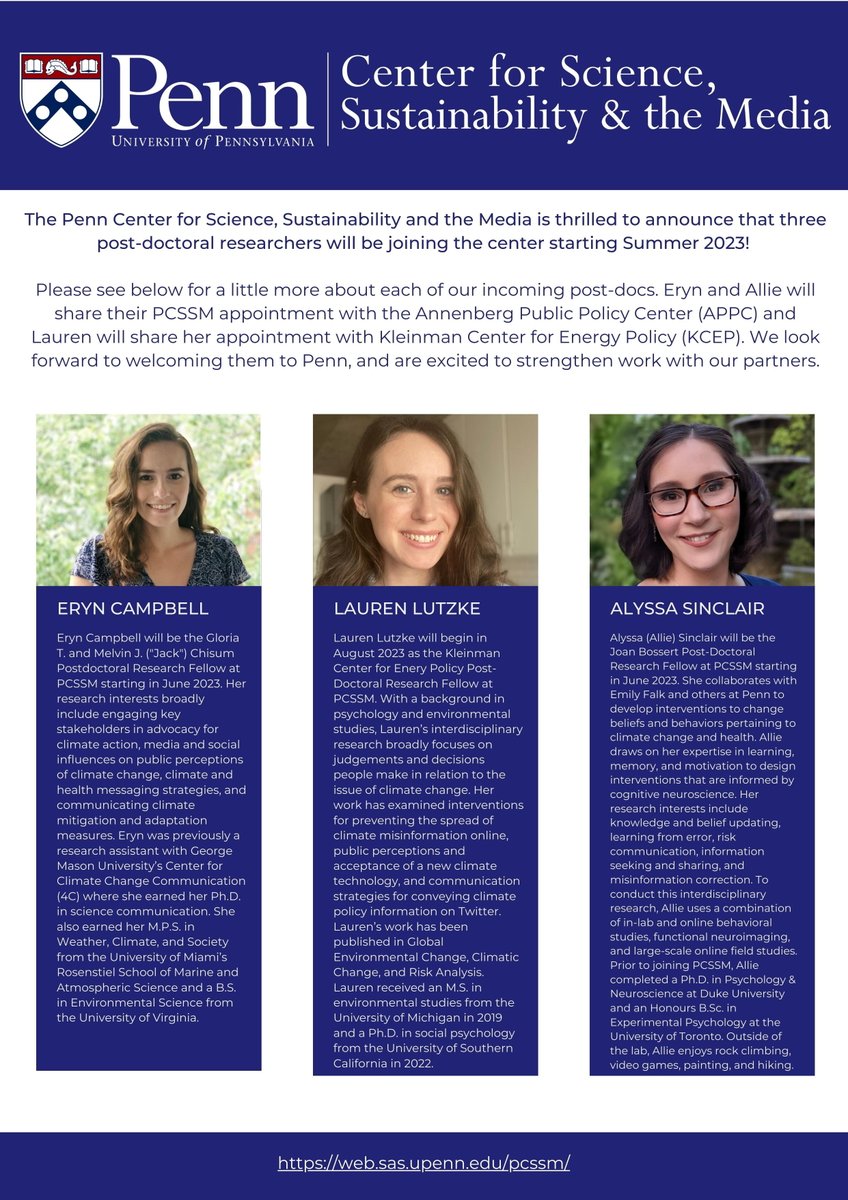 MichaelEMann's tweet image. The @PennCSSM is excited to announce our first cohort of #ClimateCommunication post-docs!
@Penn @APPCPenn  @PennSAS @AnnenbergPenn @KleinmanEnergy #SciComm
web.sas.upenn.edu/pcssm/news/pcs…