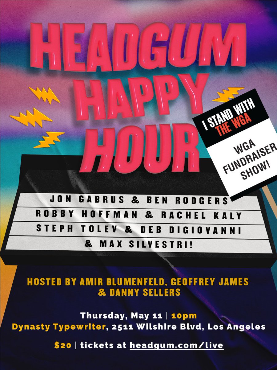 Headgum (@headgum) on Twitter photo SOME EXCITING NEWS!
For our live show THIS THURSDAY at <a href="/JoinTheDynasty/">Dynasty Typewriter</a> we'll be donating ticket proceeds to the Entertainment Community Fund in support of the WGA strike. 📢
Thursday, May 11 at 10pm
🎟️ GET TIX: buff.ly/3mYRVjT SOME EXCITING NEWS!
For our live show THIS THURSDAY at <a href="/JoinTheDynasty/">Dynasty Typewriter</a> we'll be donating ticket proceeds to the Entertainment Community Fund in support of the WGA strike. 📢
Thursday, May 11 at 10pm
🎟️ GET TIX: buff.ly/3mYRVjT