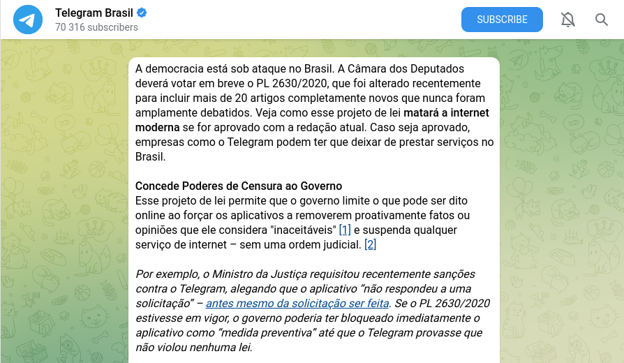 samadeu's tweet photo. O Telegram está atacando o PL 2630 com exageros e desinformação. Enquanto isso, se calam diante dos EUA que obrigam empresas a entregar dados de seus usuários para a NSA e FBI ou quando bloqueiam tecnologias chinesas. Dois pesos e duas medidas. https://t.co/dye5jokAzh