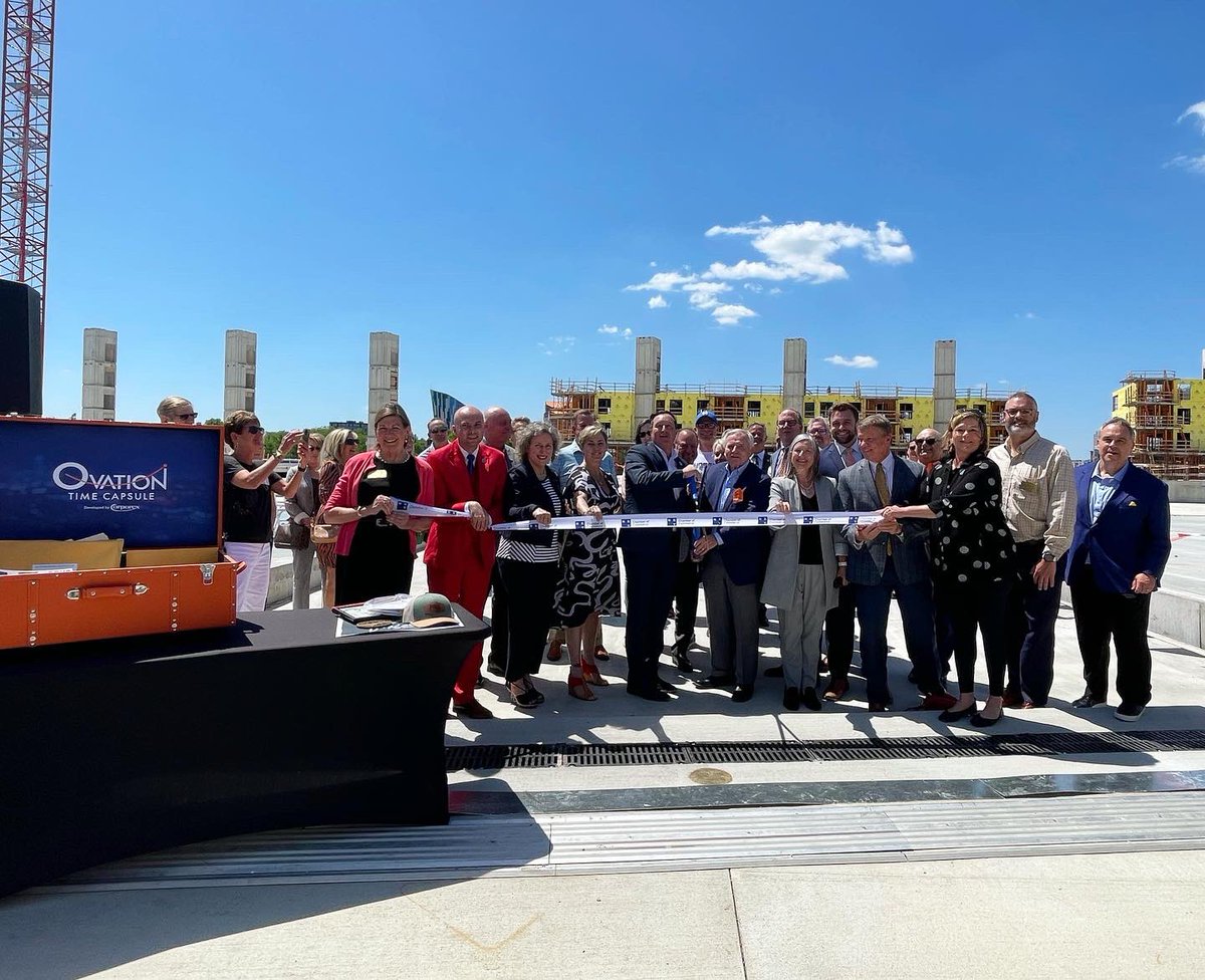 CityofNewportKY's tweet photo. Ovation celebrated a significant milestone doing the ribbon cutting on the pedestrian bridge over 3rd Street and placing a time capsule today! https://t.co/Mdj6nMGiCV