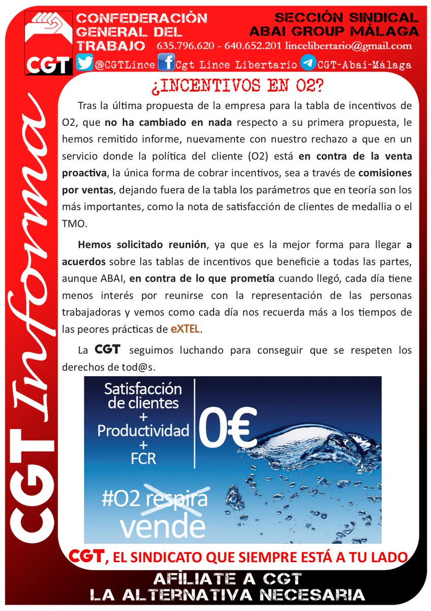 CGTLince's tweet photo. Cuando una compañía como @o2es dice que lo más importante es la atención al cliente, pero @GroupAbai, la "empresa" a la que le subcontrata el servicio #1551, no incentiva la buena atención, solo las ventas que se hagan.
#O2Respira?
#CGT SIEMPRE DEL LADO DE LA CLASE TRABAJADORA. https://t.co/8l6bKaRduv
