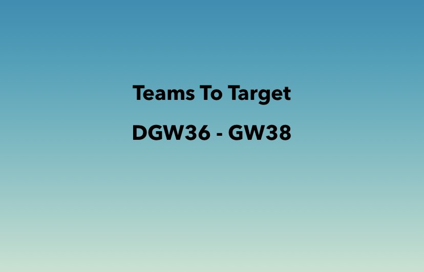 Teams to target (DGW36 - GW38)

The season is coming to an end as there are only 3 GWs left!

In this thread I will cover🧵⤵️

1️⃣Who has the best/most fixtures
2️⃣Who has something to play for? 
3️⃣Differential targets
4️⃣Player comparison
5️⃣Summary

#FPLCommunity #FPL
