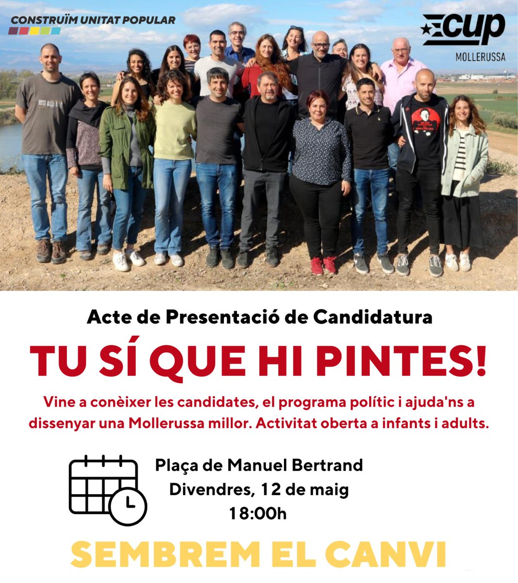CUP_pladurgell's tweet photo. TU SÍ QUE HI PINTES! ✊🏼 Vine a conèixer les candidates, les propostes i sobretot, a dir la teva! 📢

T’esperem aquest divendres a la plaça! Acte obert a infants i adults 😊

#SembremElCanvi #CupMollerussa #GentQueLluiti #GentQueLluitiÉsElQueCal #Mollerussa https://t.co/Vp9oJGm0S7