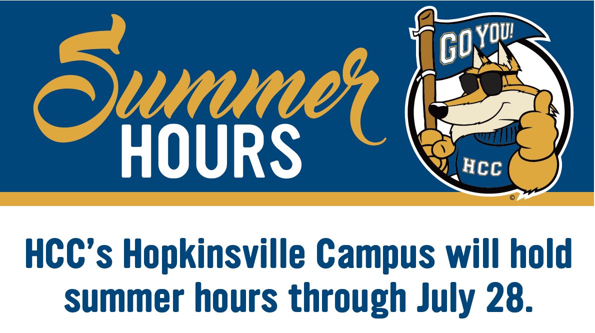 HCC's Hopkinsville Campus begins summer hours this week through July 28. Campus will be open Mon.-Thurs., 8 a.m.-4:30 p.m. Virtual services will be provided on Fridays. See virtual resources at rebrand.ly/VirtualResourc…. Fort Campbell Campus will operate Mon.-Fri., 8 a.m.-4:30 p.m.