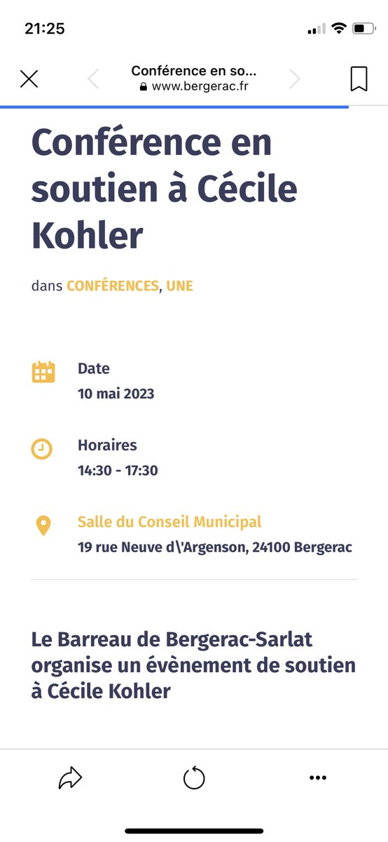 📢 Le Barreau de Bergerac-Sarlat organise une conférence en soutien à Cécile Kohler, emprisonnée en Iran depuis le 07 mais 2022 
<a href="/sos_otages/">SOS OTAGES</a> <a href="/ASFFrance/">ASF France</a> <a href="/VilledeBergerac/">Ville de Bergerac</a> <a href="/barreaustbrieuc/">Barreau de Saint-Brieuc</a>