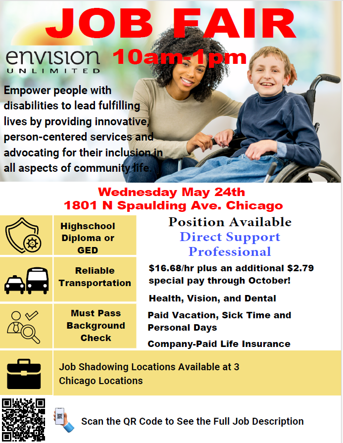 envisionchicago's tweet photo. Are you looking for a meaningful career? If so, Envision Unlimited wants you! Come out to our job fair Wednesday, May 24 from 10 a.m. - 1 p.m. We’re hiring direct support professionals (DSPs) to work at our residential &amp; community day service facilities across the Chicago area. https://t.co/yi4Os99TRZ