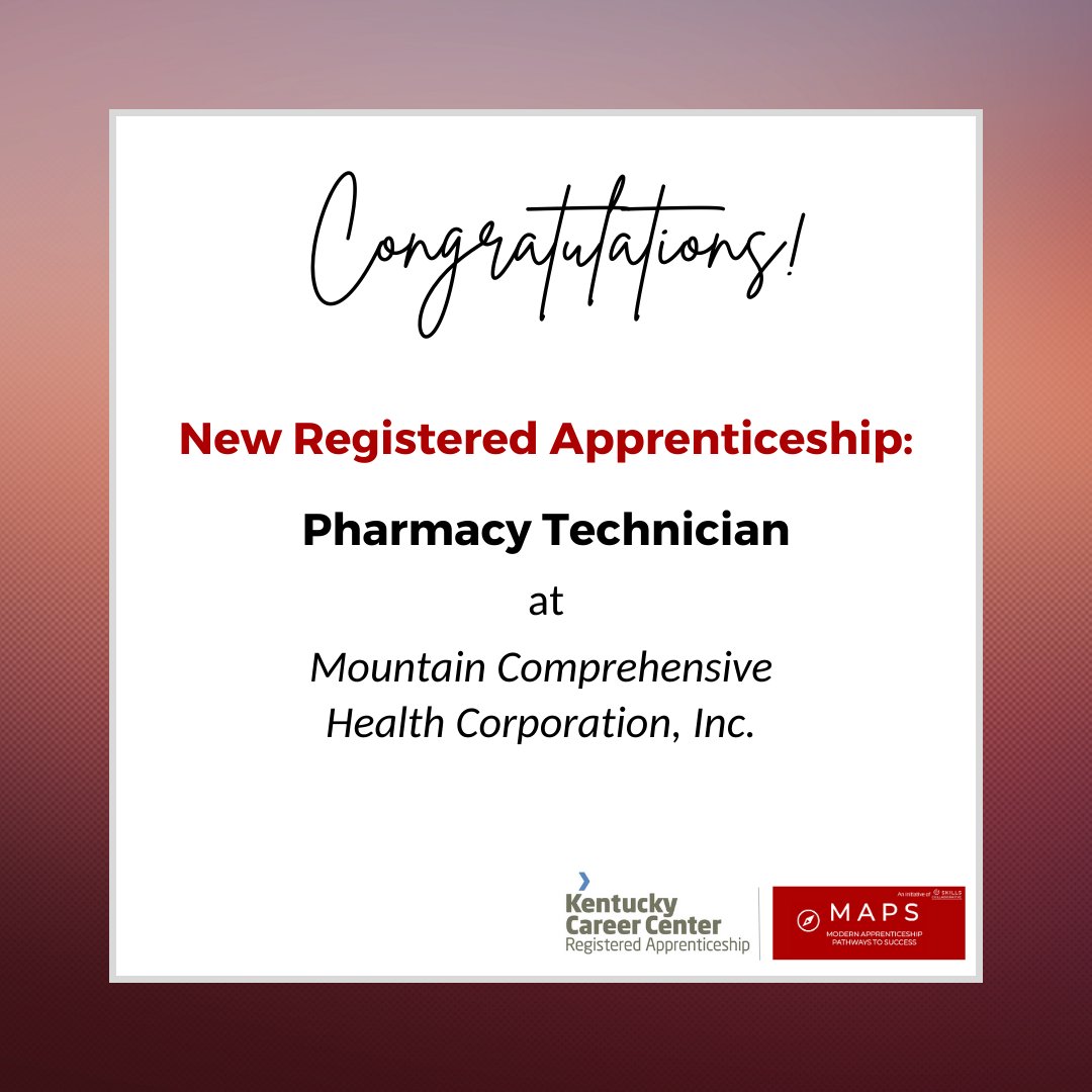 uoflmapsprogram's tweet photo. Congratulations, @MountainComp!
 
Through our partnership we successfully registered the Pharmacy Technician Apprenticeship.
 
Interested in building an #apprenticeship for your workforce? Contact us at maps@louisville.edu
 
#EarnAndLearn  #SkillsCollaborative https://t.co/hRJIb0FFao
