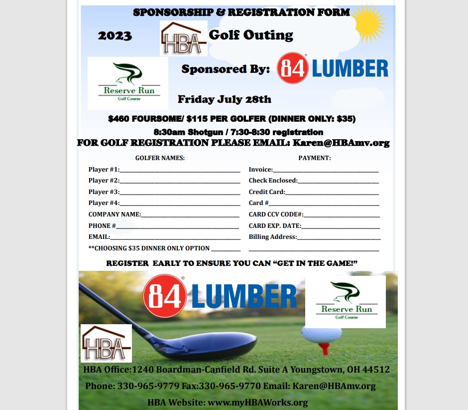 HBAMahValley's tweet photo. Register "fore" HBA Golf at Reserve Run Golf Course, sponsored by @84LumberBrookfield! Amazing prizes, delicious food &amp; drinks to make any game magical!  #hbaofthevalley #84Lumber #valleyevents #mahoningvalley #golfouting #ReserveRun https://t.co/tlmtvwvAVa
