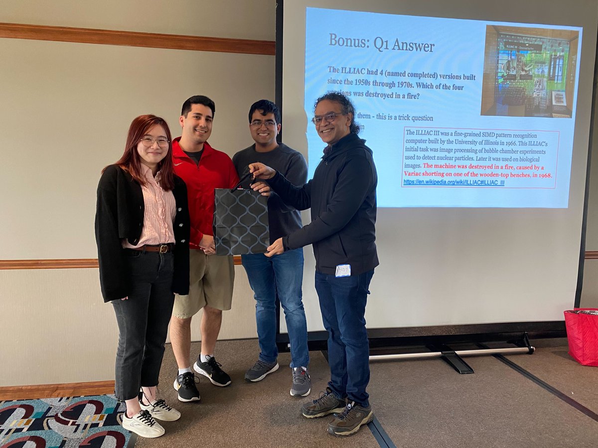 indygupta's tweet photo. I organized "Systems+Networking Trivia #Quiz" yesterday @IllinoisCS SysNet Area Retreat! Winning student team: "Not Losers" (14/24pts). 2nd "TEAM" (12), 3rd SicNet (11). Coolest team name: "Consensus is Overrated."
The 2 faculty teams: 10 pts &amp; 9 pts :(
PC: @tianyin_xu R. Kravets https://t.co/HPrk2zirWH