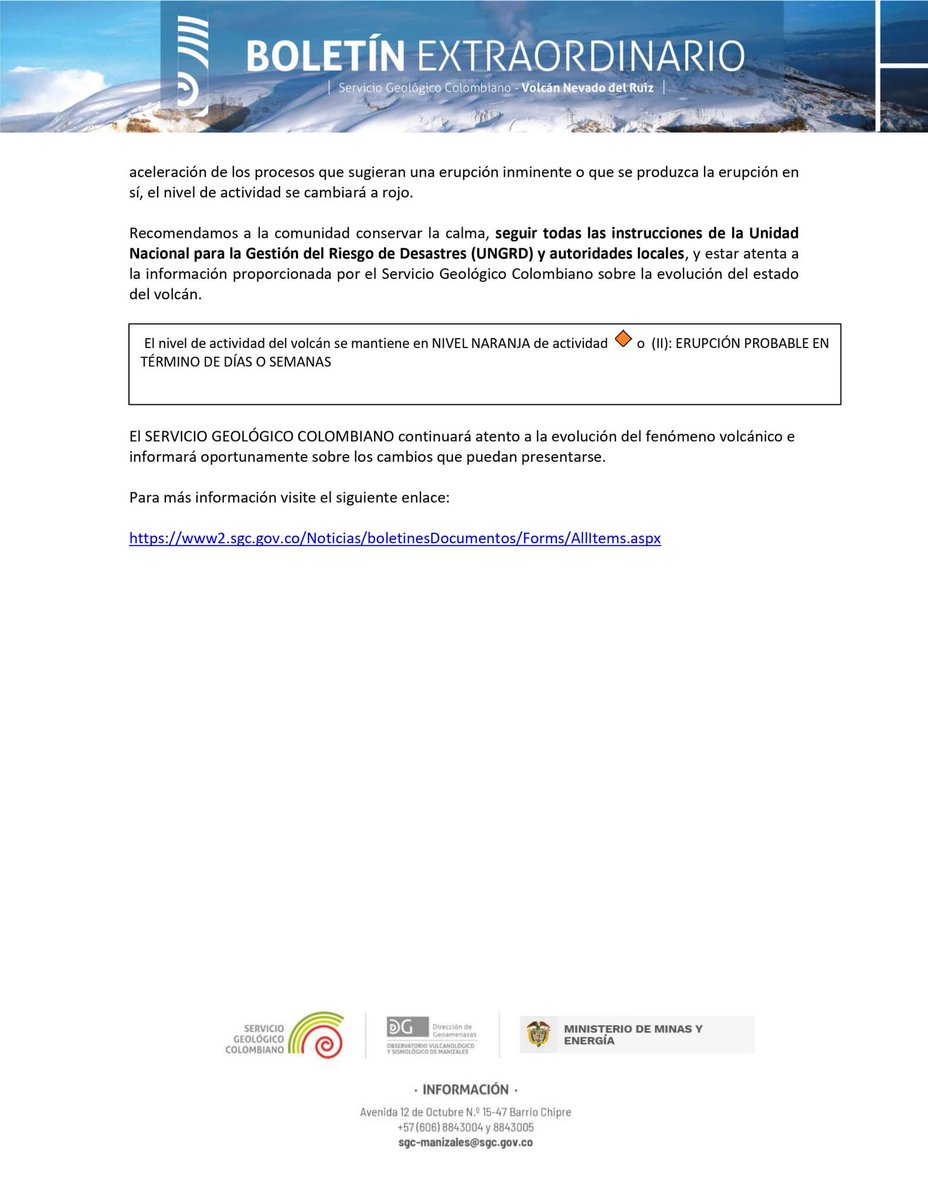 Boletín extraordinario del volcán Nevado del Ruiz - 9 de mayo 09:15 a.m. El nivel de actividad continúa en NARANJA 🔶
bit.ly/41q42nT
#sgcvolcanes