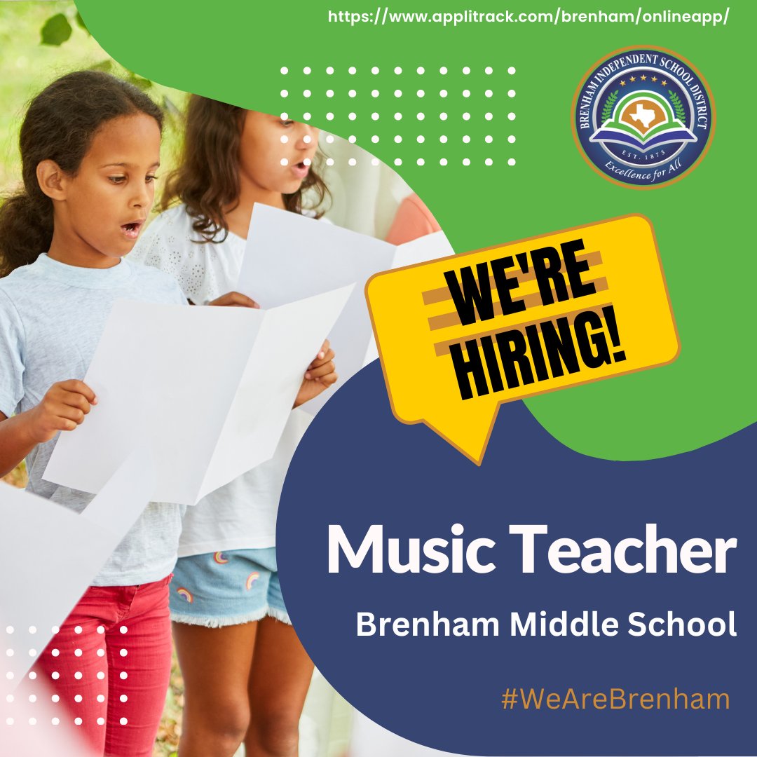 We're hiring! Brenham Middle School has an opening for a Music Teacher. If interested, please apply at applitrack.com/brenham/online…. #WeAreBrenham <a href="/BrenhamISD/">Brenham ISD</a> <a href="/BrenhamMiddle/">Brenham MiddleSchool</a>