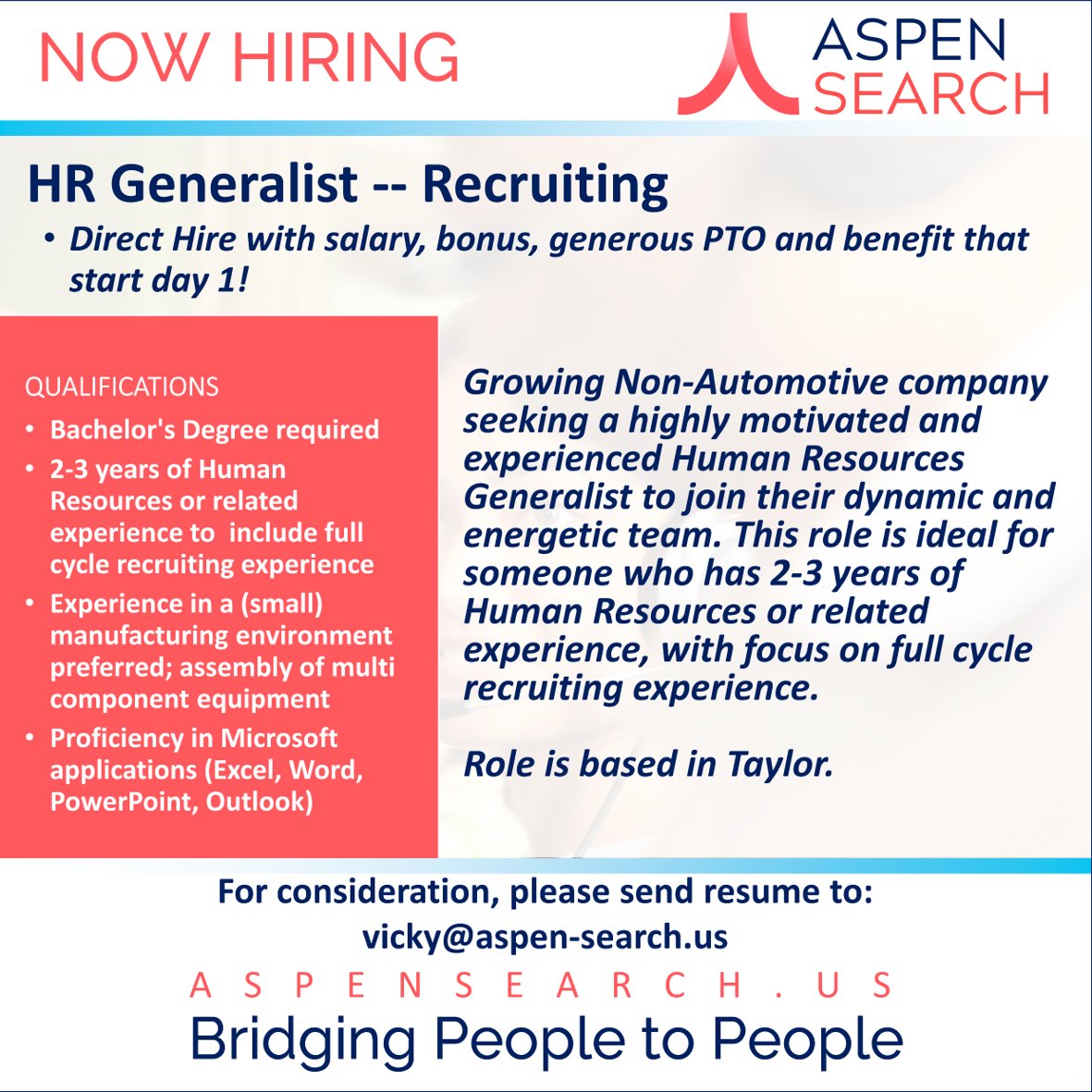 An opportunity for an HR Generalist. Full job description:
bit.ly/3VLWJGb #JobOpening #aspensearch #people2people