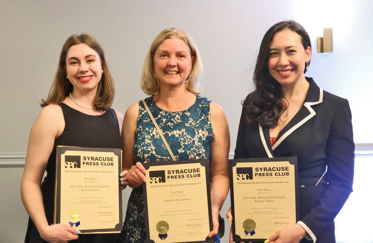 katrinatulloch's tweet photo. Finally recovered from this insane weekend so, a belated congratulations to our @syracusedotcom crew for rocking the @syrpressclub awards! 

Proud of these incredible journalists, especially @ByAnneHayes + @kirk_rylee, the 2023 Newcomers of the Year: https://t.co/iQBV1401zk https://t.co/zV85dtwuvY