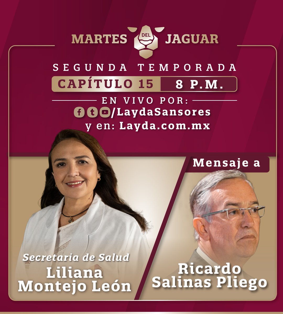 baluarteinforma's tweet photo. SE HABLARÁ DE RICARDO SALINAS PLIEGO DURANTE EL MARTES DEL JAGUAR

Mediante sus redes sociales, la gobernadora Layda Sansores San Román invitó a los campechanos a no perderse el capítulo 15 del “Martes del Jaguar” en punto de las 8 de la noche. https://t.co/vT8Hcqapwm