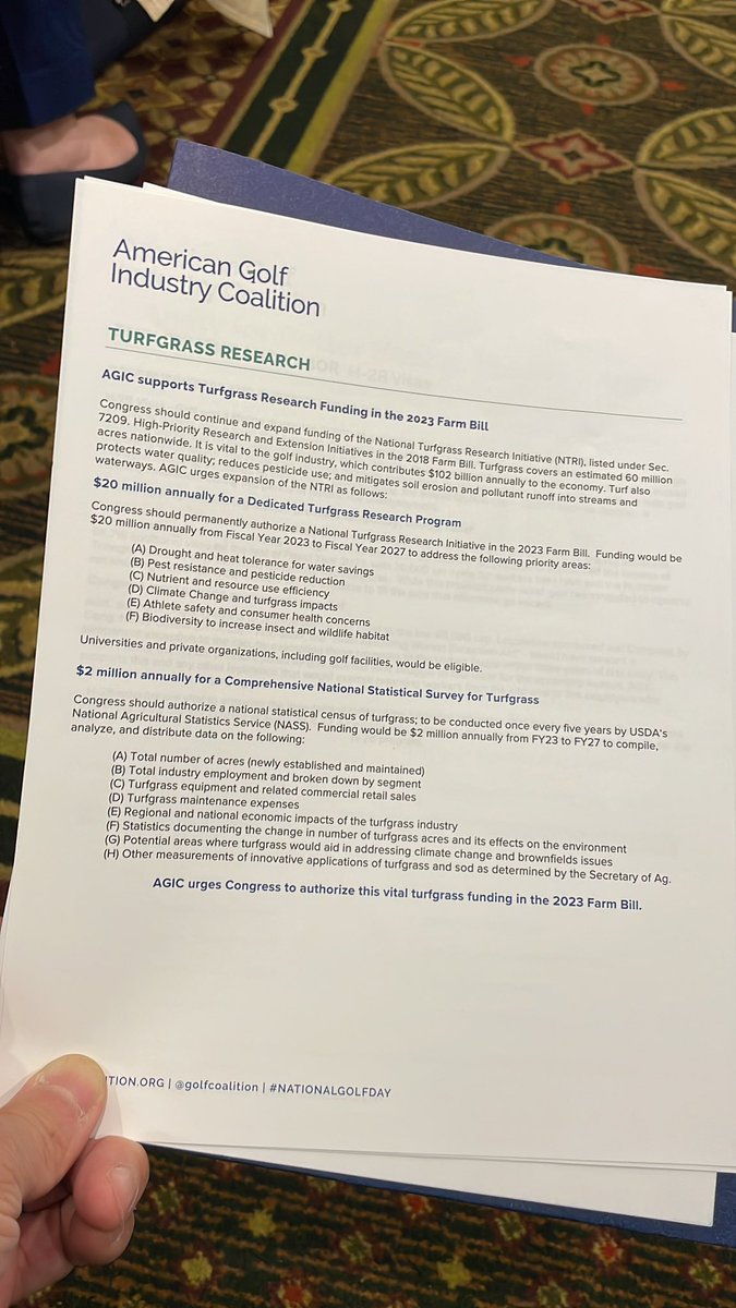 Hey <a href="/C5Turf/">C5Turf</a> folks &amp; turf sciencey types, <a href="/GCSAA/">GCSAA</a>  &amp; the <a href="/golfcoalition/">American Golf Industry Coalition</a> are advocating for you all on Capitol Hill this week at #NationalGolfDay by adding $22M for turf research in the 2023 Farm Bill 🙌