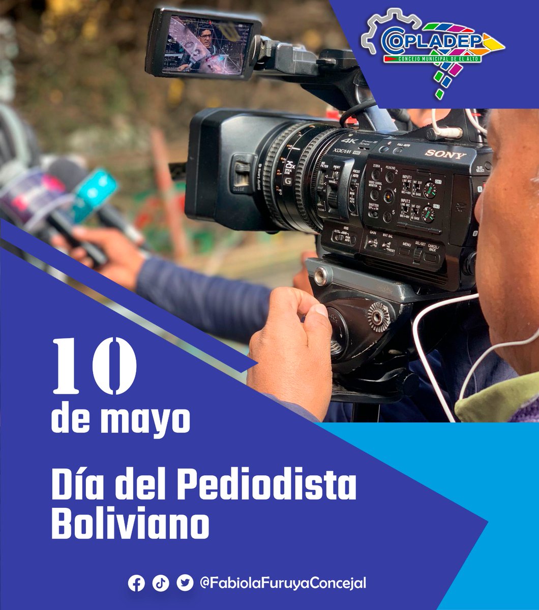 FabiolaConcejal's tweet photo. El 10 de mayo se conmemora el Día del Periodista Boliviano, que fue instituido por Decreto Supremo de 1938, durante la presidencia del teniente coronel Germán Busch Becerra, medida con la cual se comenzó a reconocer la actividad como una profesión. Felicidades Periodistas. https://t.co/Wu7Rt4smTY