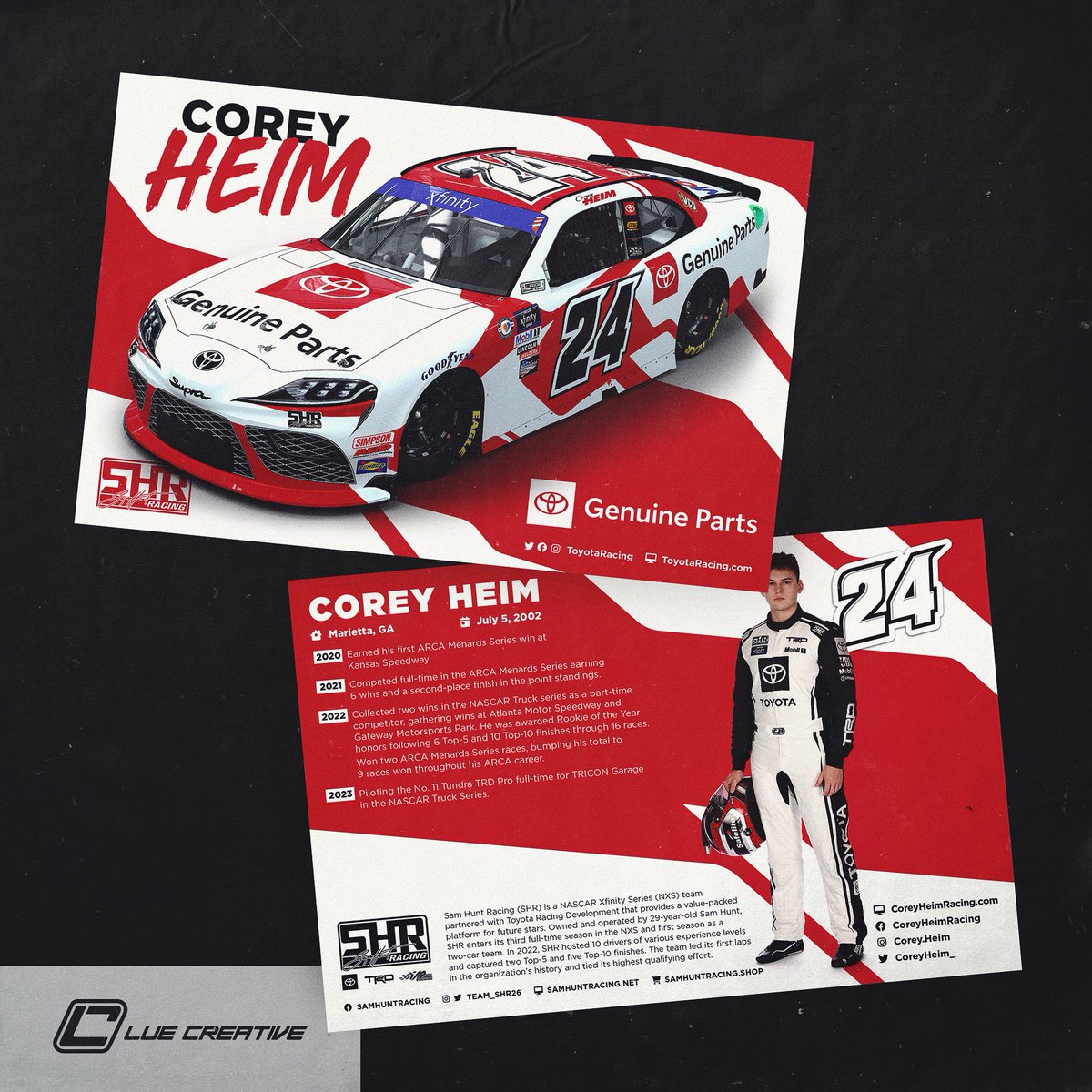 Check out the @Toyota Genuine Parts hero card we created for @CoreyHeim_’s @NASCAR_Xfinity debut with @Team_SHR26 at the @MonsterMile 👏

#nascar #nascar75 #heimtime #graphicdesign #motorsportart #racingdesign #smsports