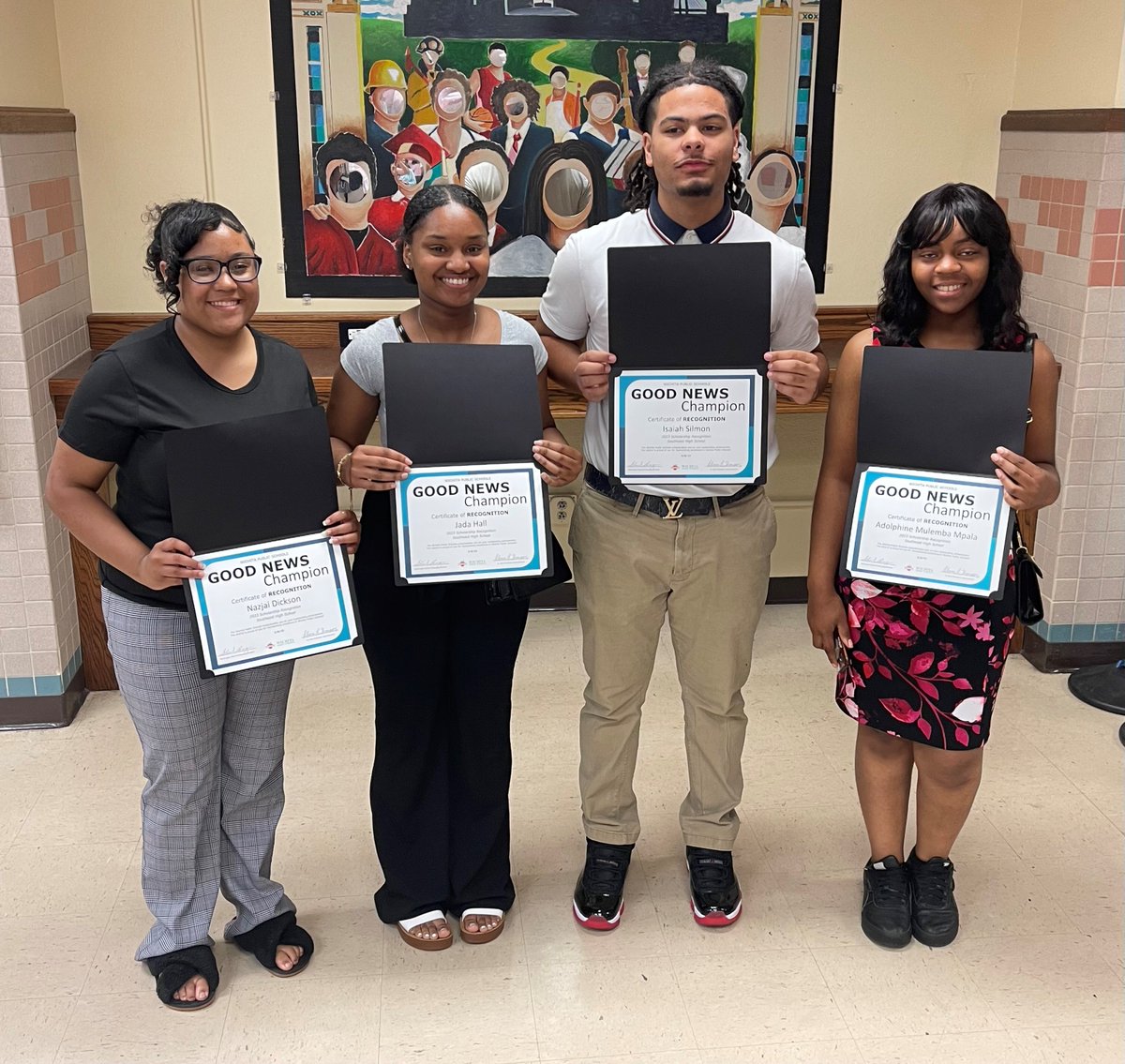 WichitaSEHS's tweet photo. Congratulations to Nazjai Dickson, Jada Hall, Isaiah Silmon, and Adolphine Mulemba Mpala on being recognized as GOOD NEWS CHAMPIONS at last night's school board meeting! #WPSProud #SEProud #IamSoutheast https://t.co/HIZPVRv1Gy