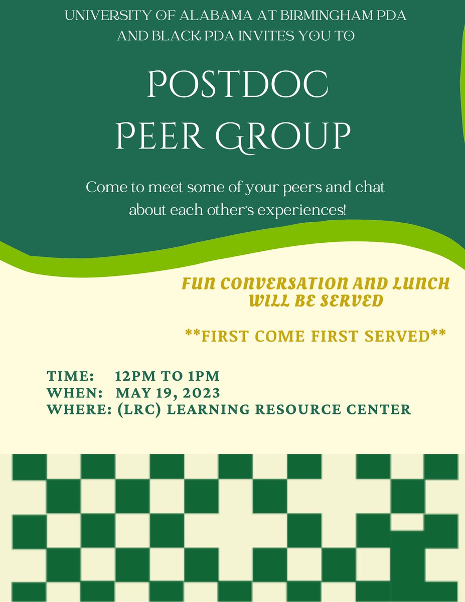 PDA_UAB's tweet photo. 📢 #UAB #Postdocs Join your peers for 𝗟𝗨𝗡𝗖𝗛 𝗮𝗻𝗱 𝗖𝗛𝗔𝗧 at our upcoming events on the last two Fridays of this month⏲️12-1pm!👇
✅𝗣𝗢𝗦𝗧𝗗𝗢𝗖 𝗣𝗘𝗘𝗥 𝗚𝗥𝗢𝗨𝗣-05/19 
✅𝗠𝗢𝗡𝗧𝗛𝗟𝗬 𝗣𝗗𝗔 𝗠𝗘𝗘𝗧𝗜𝗡𝗚-05/26 
🍱Lunch is free! First come first served😃
🏢LRC 253 https://t.co/zZjOYQDLmH