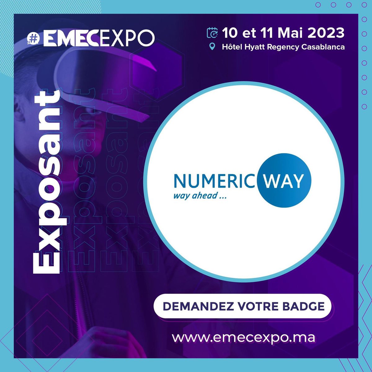 numericway's tweet image. Rencontrez notre équipe d&apos;experts au salon EMEC EXPO !
Nous avons le plaisir de vous inviter à nous rencontrer au salon #EMECEXPO2023, qui se tiendra les 10 et 11 mai 2023, stand numéro 29, à l&apos;hôtel Hyatt Regency de Casablanca 💫  #transformationdigitale #ecommerce