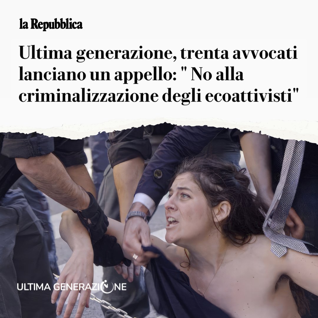 UltimaGenerazi1's tweet photo. Criminale è chi investe nella devastazione ambientale del nostro Paese, non chi denuncia con proteste nonviolente. 

✒️ 23 avvocati hanno scritto un appello contro la criminalizzazione della protesta - 

#UltimaGenerazione #resistenza #repressione #clima https://t.co/vXpm6JbxRO