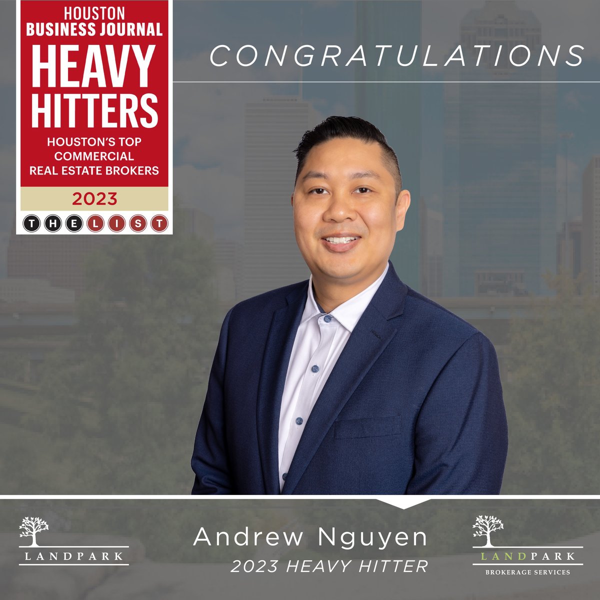 Congratulation to our 2023 @HOUBizJournal  Heavy Hitter, Andrew Nguyen! We're honored for Andrew's tremendous accomplishments in carrying on the tradition of our Heavy Hitters, Tim Thomas (2022) and Will McGrath (2017, 2018).

#LandParkLife #HoustonCRE #HeavyHitters #HBJ