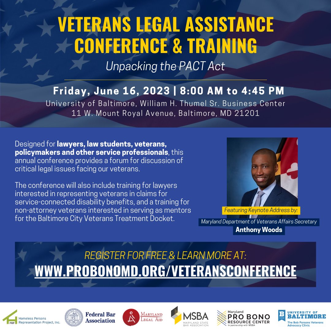 Maryland VA Secretary Anthony Woods will provide the Keynote Address at this year's Veterans' Legal Assistance Conference & Training. Register for free today! probonomd.org/veteransconfer….