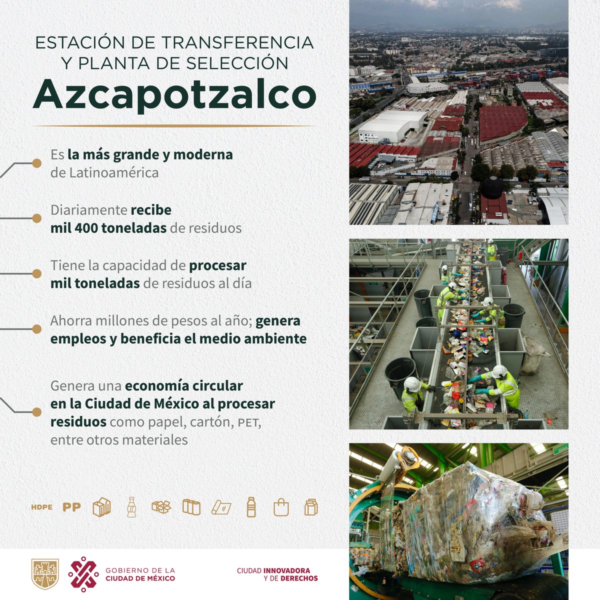GobCDMX's tweet image. ¿Ya conoces la Estación de Transferencia y Planta de Selección Azcapotzalco? 😮

Es la primera planta automática de separación y tratamiento de residuos sólidos urbanos; capaz de procesar mil toneladas de residuos al día. ♻

 #BasuraCero