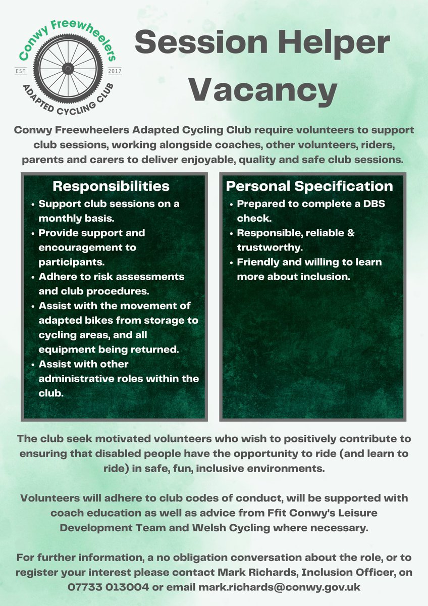 A fantastic local club is looking for volunteers to help lead &amp; support monthly sessions at Eirias. 

If you, or anybody you know, might be interested in a very rewarding volunteer role then please get in touch - or just help us spread the word!! 👍🏼

#AdaptedCycling #Volunteer
