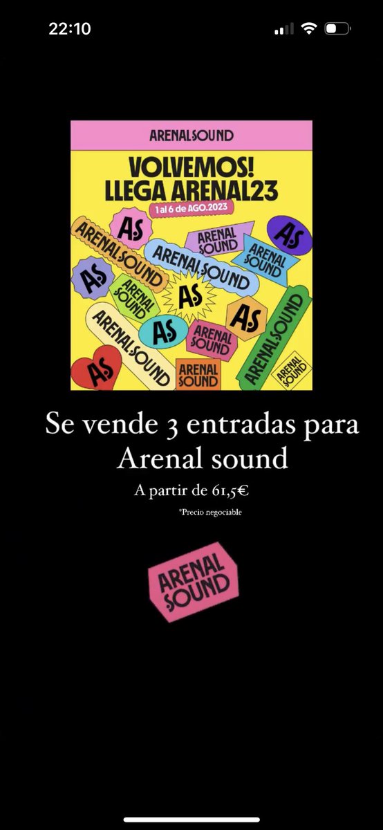 ana28vic's tweet photo. Se venden 3 entradas para arenal sound https://t.co/E8fG68voyQ
