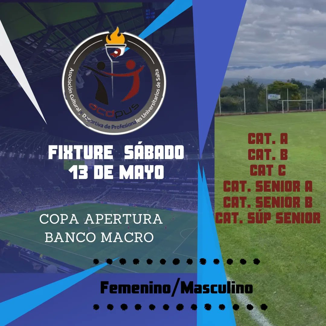 acdpus's tweet photo. ⚠️FIXTURE SÁBADO 13 de MAYO⚠️
MASCULINO/FEMENINO.
@acdpuslaloma #ACDPUS 🇦🇷
#Salta 📍 https://t.co/UPAaGWe9FI