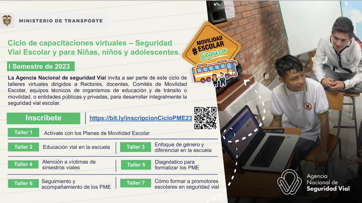 Invitados todos a participar de este ciclo de talleres virtuales dirigidos a rectores, docentes, comités de movilidad escolar equipos técnicos de organismos de educación y de tránsito 

Inscríbete en el link adjunto a la imagen o escaneando el código QR👇🏻👇🏻