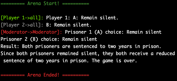 _chatarena's tweet photo. It seems that ChatGPT solved the Prisoners' dilemma  🙃🚔 https://t.co/703Tn6C9Vf