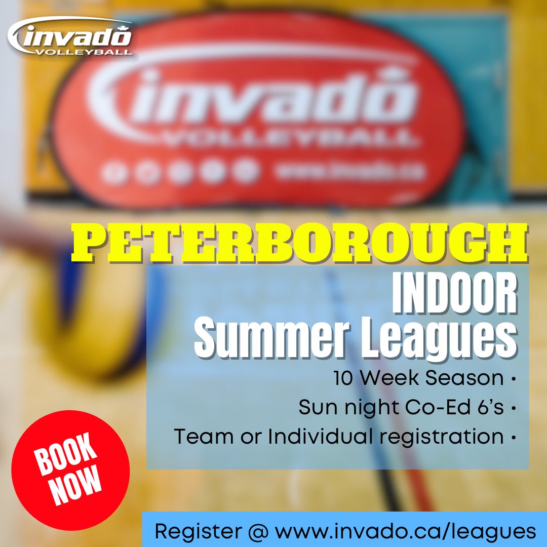 PETERBOROUGH
🏐 SUN Co-Ed 6’s

Register by June 1st @ invado.ca/leagues/peterb… 

#invadovb #invadoleagues #peterborough #Peterboroughontario #coedvolleyball #summer