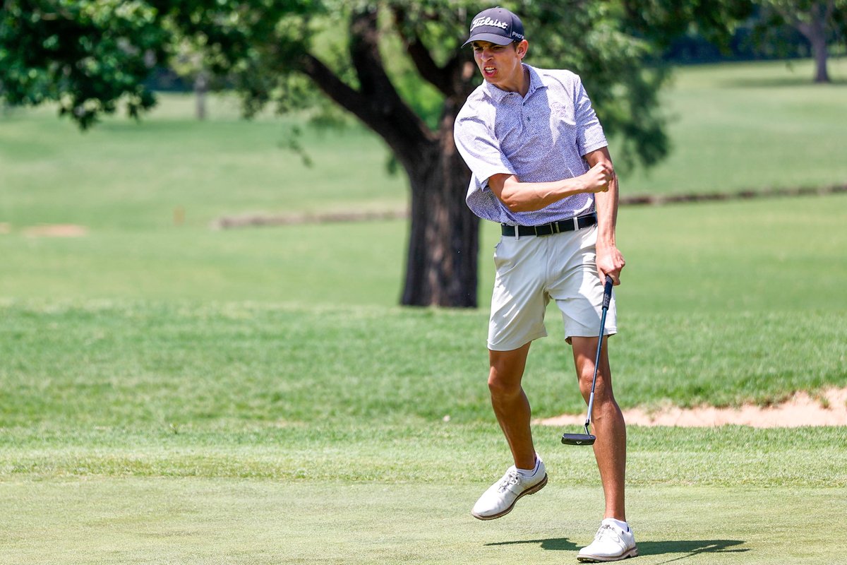 PhotoJFish's tweet photo. Community Christian's Collin Bond celebrates after sinking the winning putt during the OSSAA Class 2A Golf Tournament at Lake Hefner Golf Club in Oklahoma City on Tuesday, May 9, 2023. Bond placed first in the individual and Community Christian placed first in the team event. https://t.co/MIEHq5Zlmn
