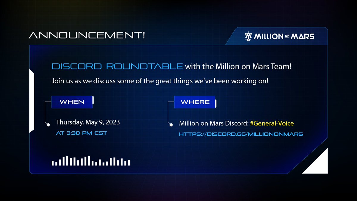 Million on Mars® (@milliononmars) on Twitter photo We've got a Roundtable Event coming up on Discord!
Lamp, Erik, Mitch, Kyle, Jumpgate & more team members will be in attendance! So make sure to mark your interest to be notified when we go live!
When: Thursday, May 9th @ 3:30PM CT
Where: milliononmars.com/discord We've got a Roundtable Event coming up on Discord!
Lamp, Erik, Mitch, Kyle, Jumpgate & more team members will be in attendance! So make sure to mark your interest to be notified when we go live!
When: Thursday, May 9th @ 3:30PM CT
Where: milliononmars.com/discord