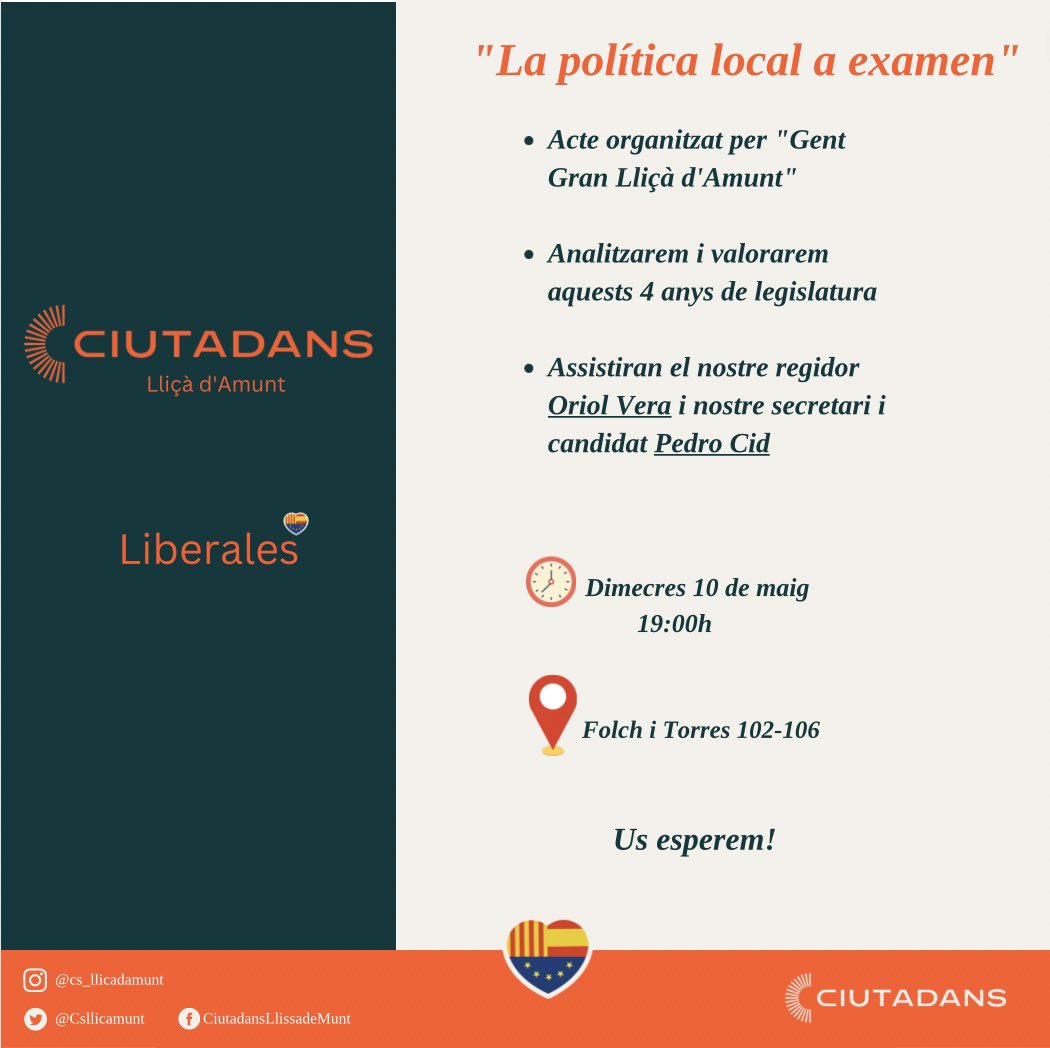 Csllicamunt's tweet photo. ✅ Este miércoles día 10,os esperamos en el casal de
la gent gran de Lliçà d’Amunt

🧡Acto con la gente mayor del pueblo

👉Valoraremos los 4 años del gobierno del PSC y nuestro papel de oposición.

Con nuestro concejal  @oriolvera y nuestro candidato y secretario  @Pedro_Cid https://t.co/zQ8ooeDGoJ