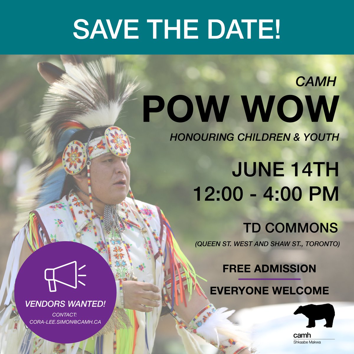 CAMH invites all to join us for our Powwow in Honour of Children and Youth on June 14 from 12-4 pm at TD Commons (Queen Street and Shaw Street).

There will be Indigenous-owned vendors, food, music and dancing. This event is rain or shine and everyone is welcome.