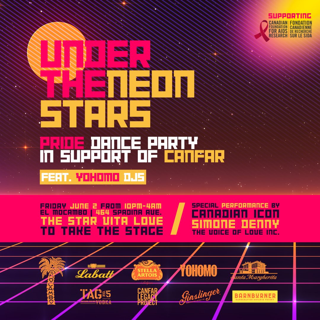 CANFAR's tweet photo. We’ll see you #UnderTheNeonStars @theelmocambo on June 2 for an electric #PrideMonth kick-off with @weareyohomo, The Star Vita Love and an incredible LIVE performance by @SimoneDenny, the voice of #LOVEINC! Buy tix: https://t.co/idzEjbJgoy https://t.co/ZqKSfuBhqp