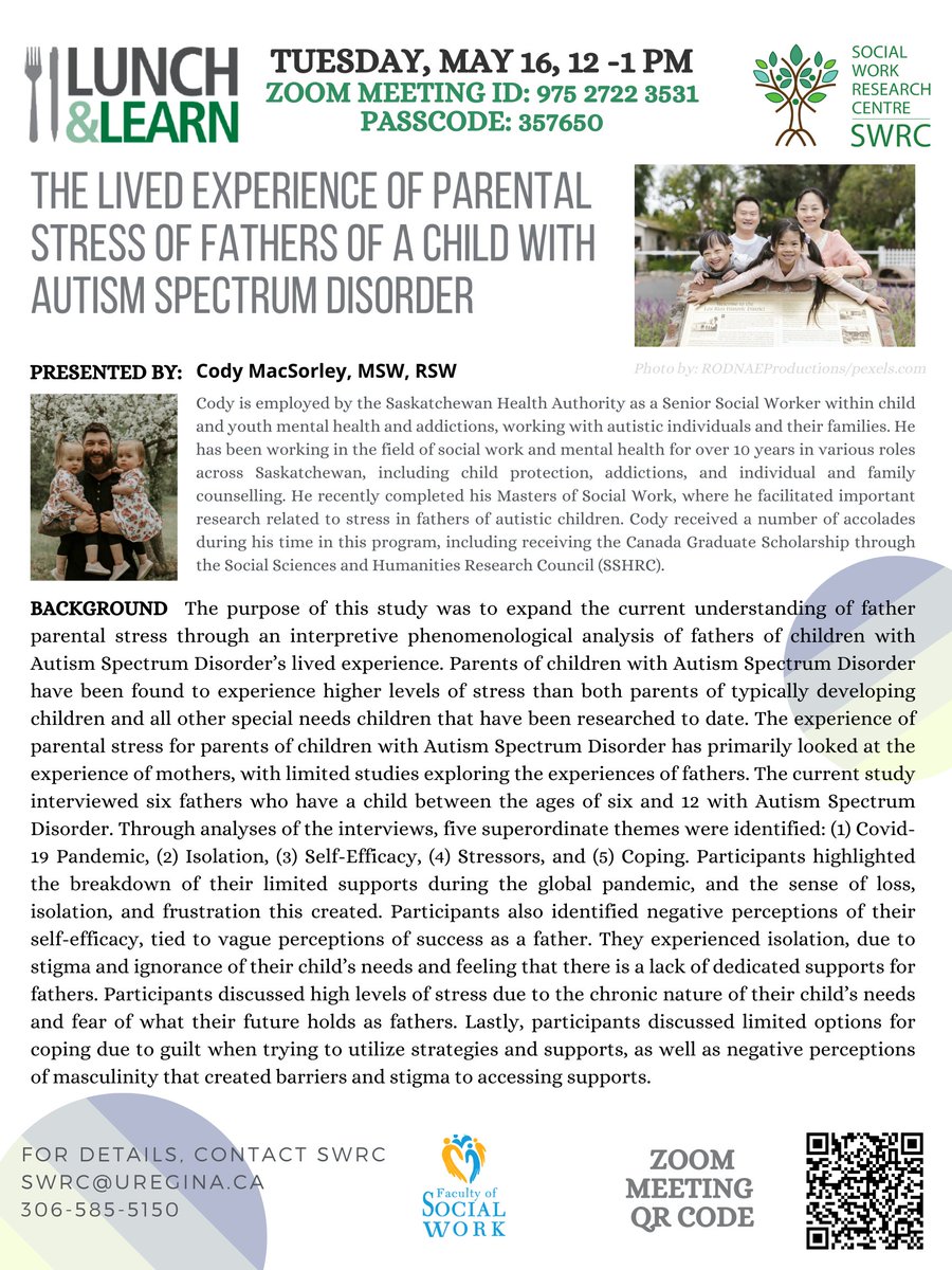 Want to learn more about the Parental Stress of Fathers of a Child with ASD #UofRegina
Our next Lunch &amp; Learn Presentation is on May 16, 2023, from 12:00-13:00. Please Join Our Zoom Meeting: uregina-ca.zoom.us/j/97527223531?… 
ID: 975 2722 3531 
Passcode: 357650